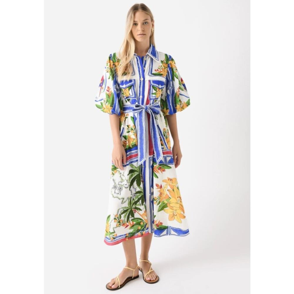 Farm Rio Tropical Destination Linen Midi Dress Sz XS Summer Vacation Bright NWT